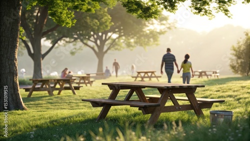 Couple strolling through a sunlit park picnic tables in view serene landscape warm evening glow romantic atmosphere