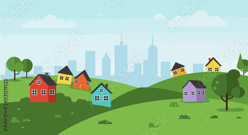 Vibrant suburban houses on a hillside with a distant urban skyline