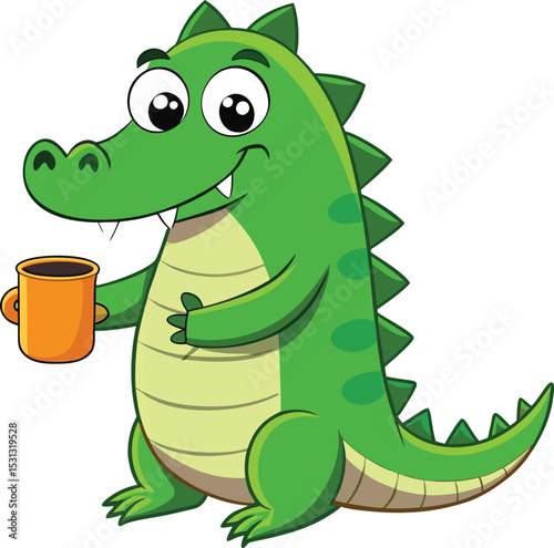 Cute cartoon crocodile enjoying a cup of coffee