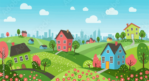 Suburban landscape with colorful houses, trees, and distant city skyline