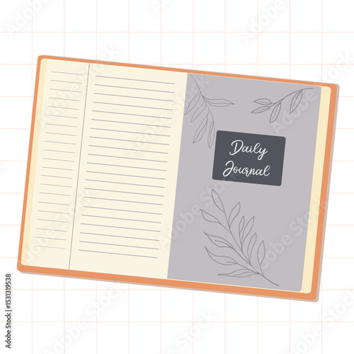 Open notebook spread with “Daily Journal” cover and lined pages, surrounded by elegant leaf motifs. Vector artwork perfect for content about writing, self-care, or productivity