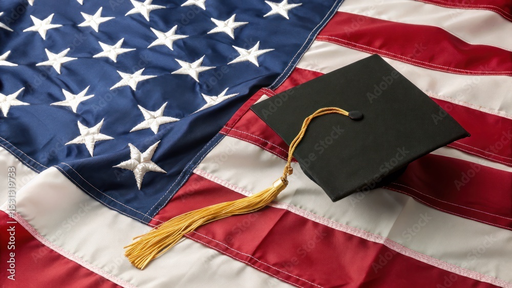 Fototapeta premium Graduation ceremony celebration united states image of graduation cap on flag national pride close up achievement milestone
