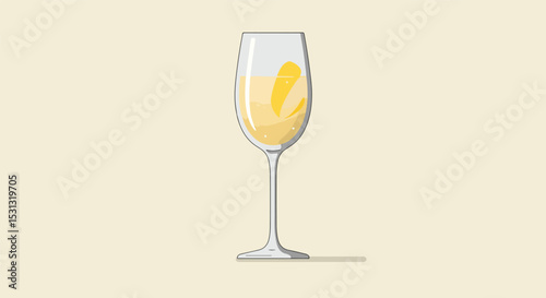 Single classic wine glass filled with pale yellow white wine mid-swirl