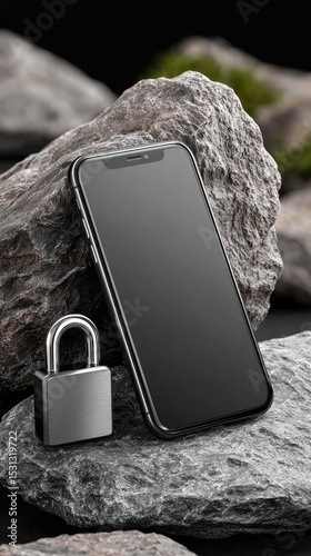 Smartphone and padlock on rocks