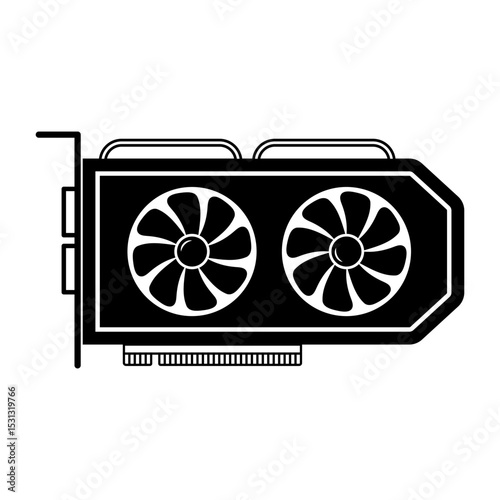 Computer Graphics Card with Dual Fans Vector Illustration. The artwork features a detailed side view of the GPU, clearly showcasing two large cooling fans positioned on the front panel.