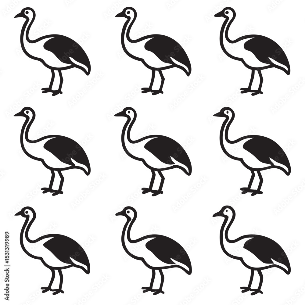 Obraz premium Nine Black and White Emu Line Drawings White Background