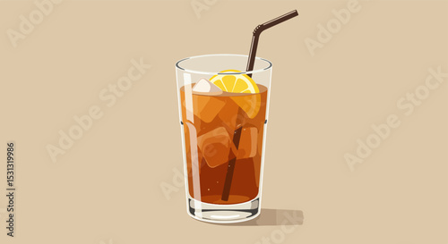 Tall glass of iced tea with lemon wedge and black straw on light brown background