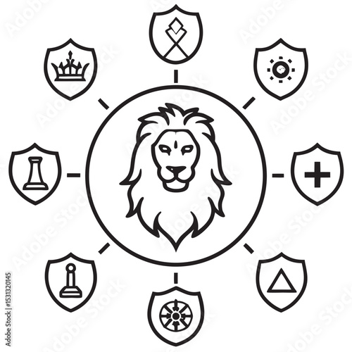 Lion Head Centered with Eight Surrounding Shields Symbols