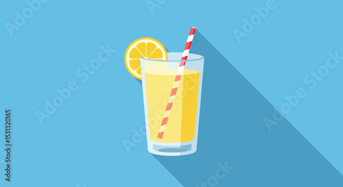 Tall glass of bright yellow lemonade with lemon slice and striped straw on light blue background