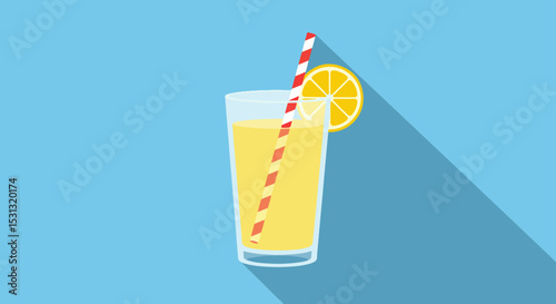 Tall glass of yellow lemonade with lemon slice and red and white striped straw on light blue background