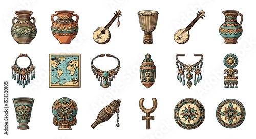 Vector icons Set of  Collection of cultural artifacts Vases instruments jewelry map mask and symbols. Vector Illustrations