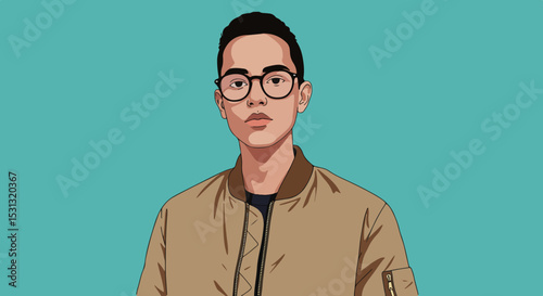 Young man in beige jacket and black shirt with glasses looking directly at the viewer