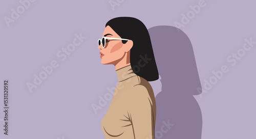 Stylized portrait of a woman with dark hair, pink sunglasses, and a light brown turtleneck sweater