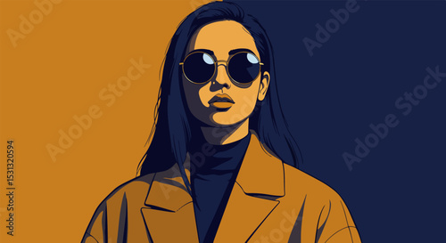 Confident female with dark sunglasses and brown coat against gradient background