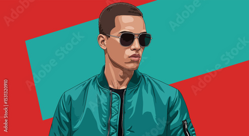 Young man in green jacket and dark sunglasses against geometric red and green triangle background