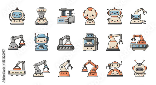 Vector icons Set of  Collection of Cute Cartoon Robots and Robotic Arms. Vector Illustrations
