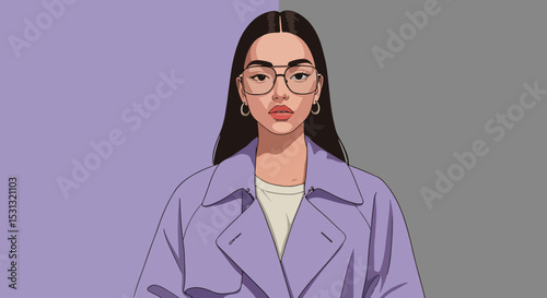 Close-up portrait of young woman with long black hair, rectangular glasses, and hoop earrings