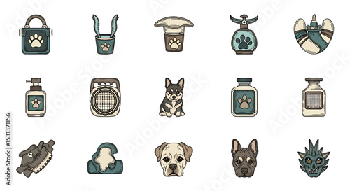 Vector icons Set of  Collection of Cute Dog Grooming and Care Items in Vintage Style. Vector Illustrations