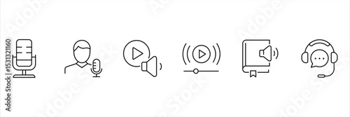 Podcast outline icon set. Set of outline icons related to podcast. Containing microphone, radio, webcast, broadcast, audio, channel, video, headphones, news, and more. Vector Illustration.