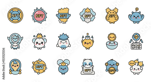 Vector icons Set of  Collection of Cute NFT Kawaii Characters and Tokens. Vector Illustrations