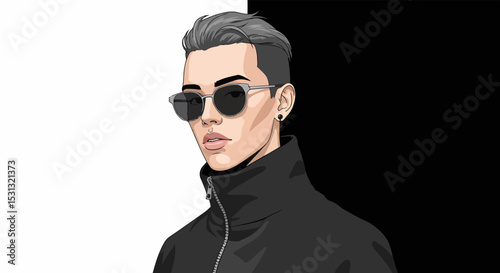 Young man in black high-neck jacket and dark sunglasses against black and white background