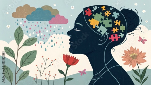 Mindful woman surrounded by nature creative artwork calm environment profile view exploring mental clarity and emotions