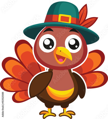 Cute cartoon turkey wearing pilgrim hat thanksgiving