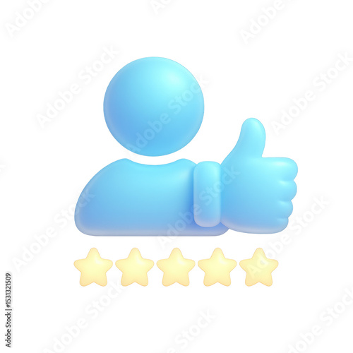 Customer Satisfaction: A 3D rendered illustration showcases the concept of satisfaction, featuring a stylized figure giving a thumbs up, surrounded by five radiant stars, signifying top-tier rating.
