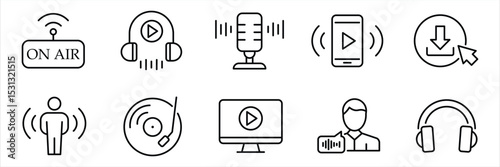 Podcast outline icon set. Set of 10 outline icons related to podcast. Containing microphone, radio, webcast, broadcast, audio, channel, video, headphones, news, and more. Vector Illustration.