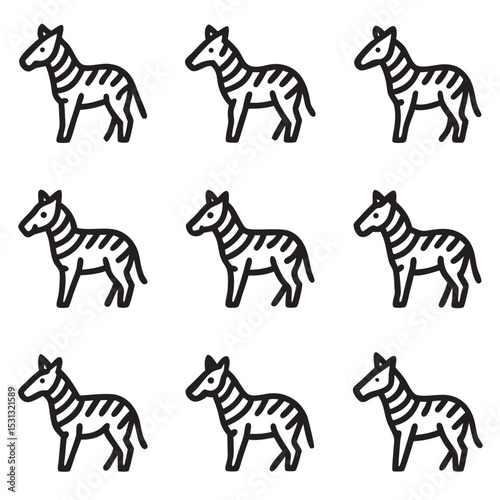 Nine Black and White Zebra Line Art Illustrations zebras