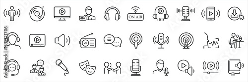 Podcast outline icon set. Set of 30 outline icons related to podcast. Containing microphone, radio, webcast, broadcast, audio, channel, video, headphones, news, and more. Vector Illustration.