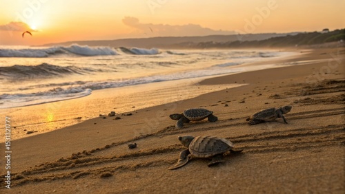 Hatching sea turtles making their way to the ocean at sunrise beach nature photography coastal environment low angle wildlife conservation