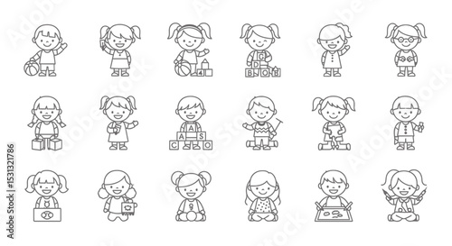 Vector icons Set of  Collection of Cute Preschool Children Engaged in Playful Activities. Vector Illustrations