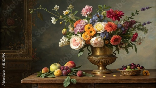 Vibrant floral arrangement with fresh fruits on rustic table home interior still life captivating atmosphere artistic perspective