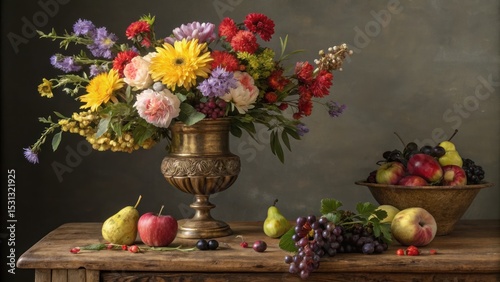 Vibrant floral arrangement with fresh fruits rustic table setting still life photography indoor artistic perspective nature’s beauty