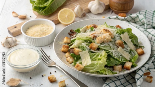 Fresh caesar salad preparation kitchen food photography bright atmosphere top view culinary delight