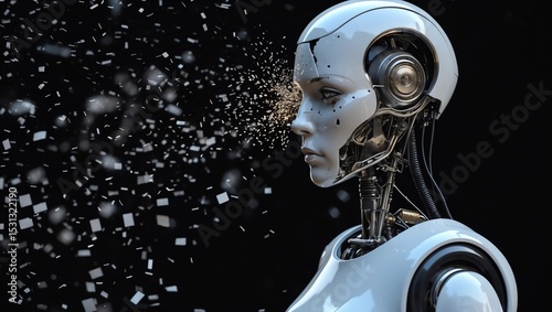 3D rendering of female robot head that shatters 