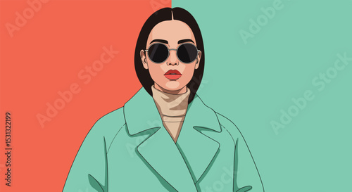 Stylized portrait of a woman with short dark hair, round sunglasses, and bold red lipstick in a light green coat