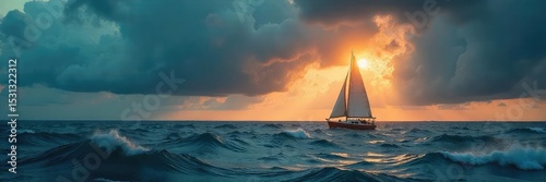 Wallpaper Mural A lone sailboat navigates turbulent waters under a dramatic, stormy sky; embodying courage and the thrill of exploration , turbulent, dramatic Torontodigital.ca