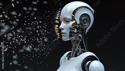 3D rendering of female robot head that shatters 