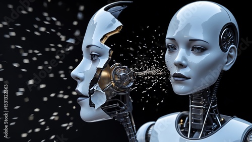 3D rendering of female robot head that shatters 
