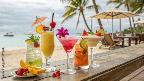 Refreshing cocktail party at the beachfront tropical paradise beverage photography vibrant atmosphere close-up view summer vibes