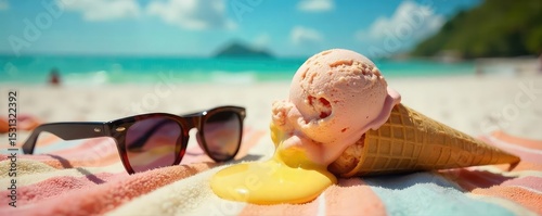 A melting ice cream cone drips onto a sun-baked beach towel, next to a pair of oversized sunglasses The perfect summer mishap! Pure comedic relief for hot weather fun , holiday fun, mishap, humor