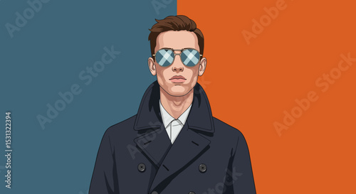 Young man in sunglasses and overcoat against colorful background