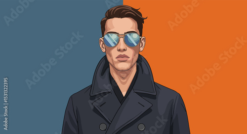 Young man with dark hair and reflective sunglasses in a dark blue coat against a bright blue and orange background