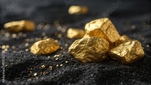 Gold nuggets displayed on black surface close-up photography macro environment captivating detail of precious metals