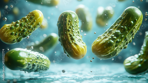 Green cucumber pickles floating on background