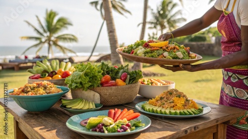 Culinary delights in a tropical paradise beachside food presentation relaxing atmosphere outdoor setting fresh ingredients and colors