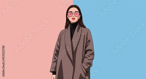 Stylish woman in dark coat and pink-tinted sunglasses against gradient background