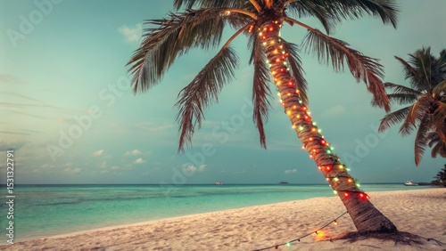Festive beach scene with palm trees illuminated by lights tropical paradise photography serene setting sunset view holiday vibes